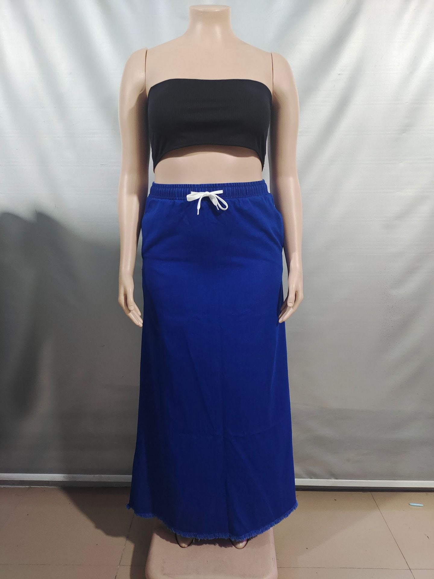 Women's Fashion Washed Solid Color Drawstring High Waist Ruffle Long Denim Skirt 10