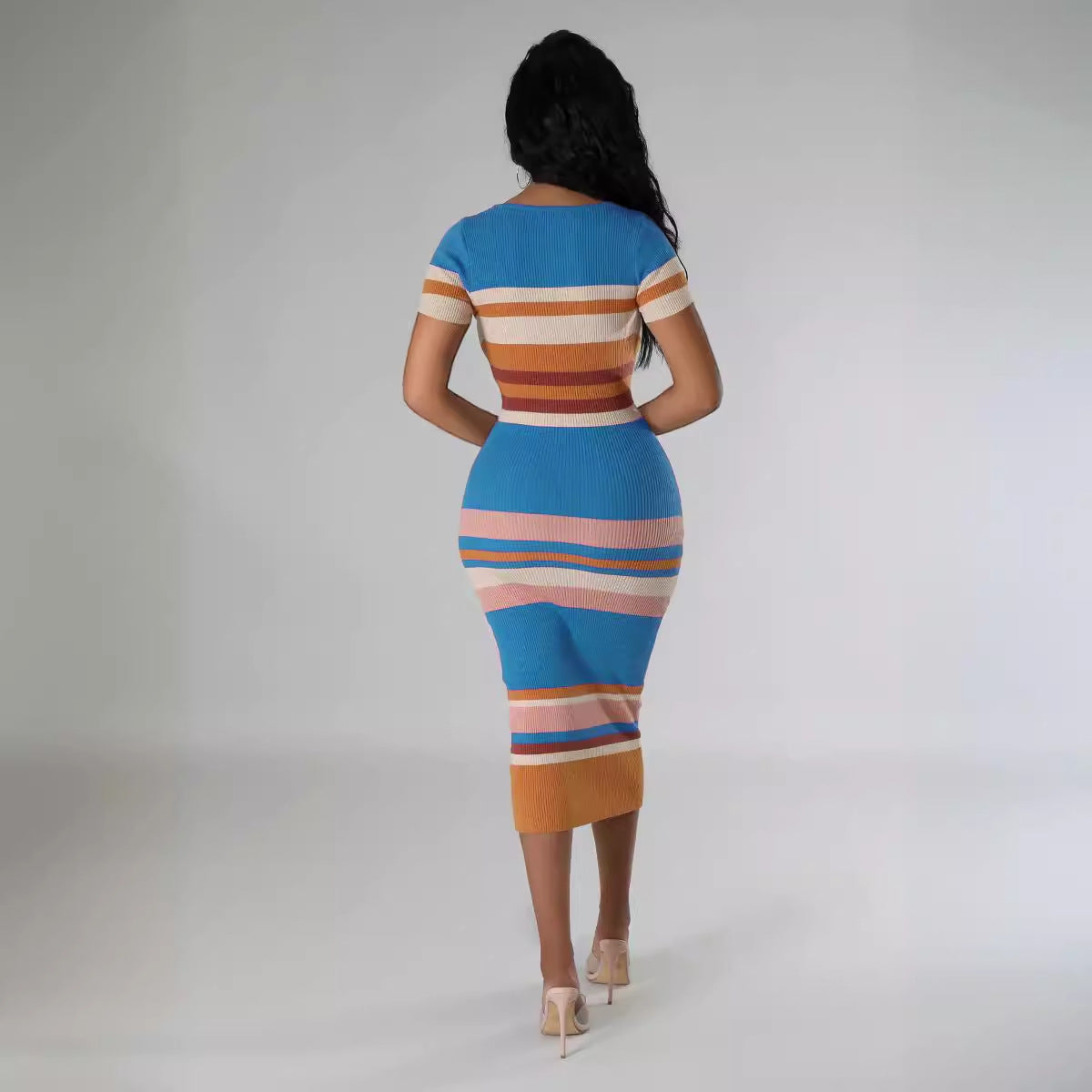 Women Round Neck Knitting Short Sleeve Dress 7