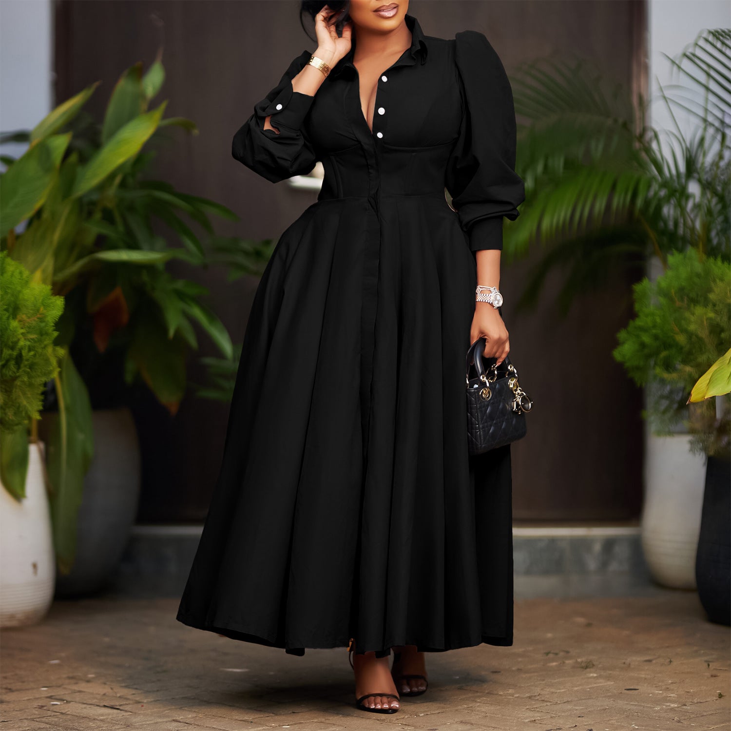 Women Elegant Long Sleeve Solid Maxi African Shirt Dress 6