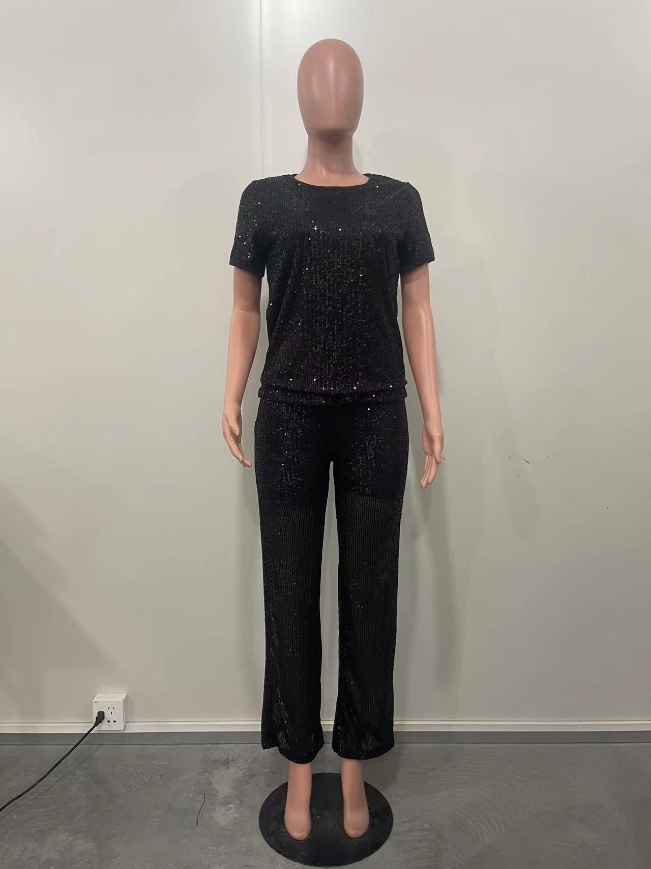 Women Spring Summer Sequin Solid Short Sleeve Top and Pants Two-piece Set 13