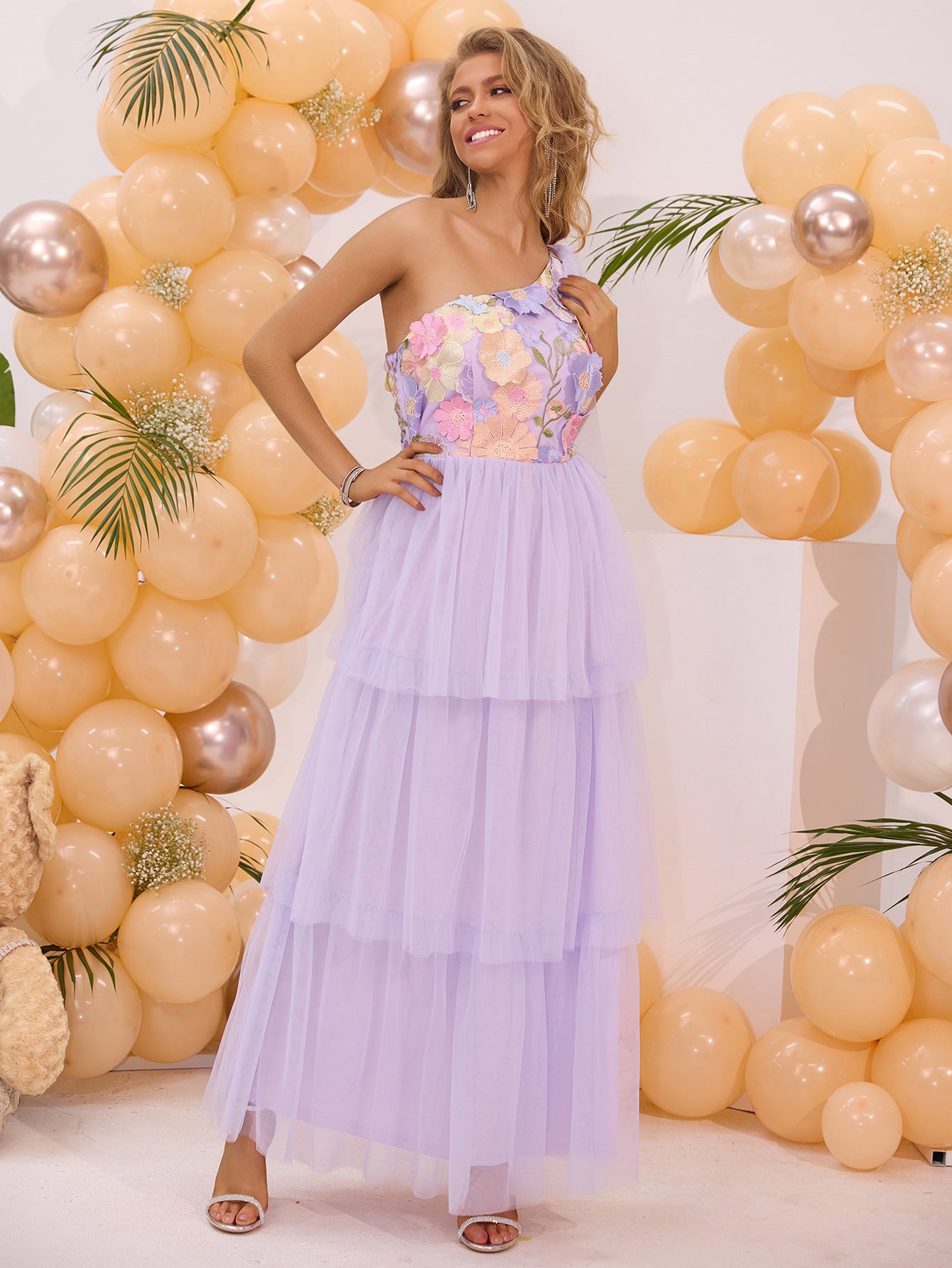 Purple One Shoulder Embroidery Summer Party Long Dress 5