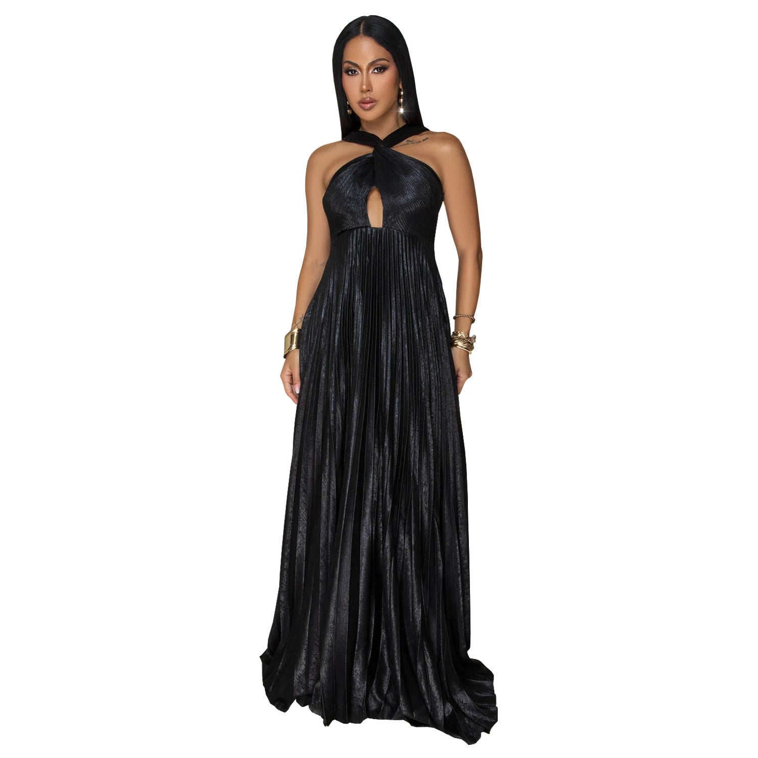 Fashion Women's Elegant Shiny Solid Color Pleated Long Dress 8