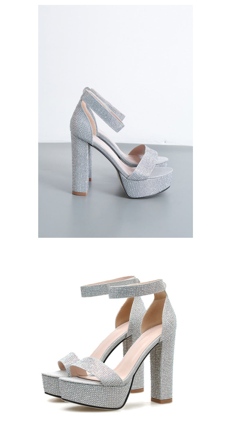 Women Chunky High Heel Rhinestone Strap Sandals 8