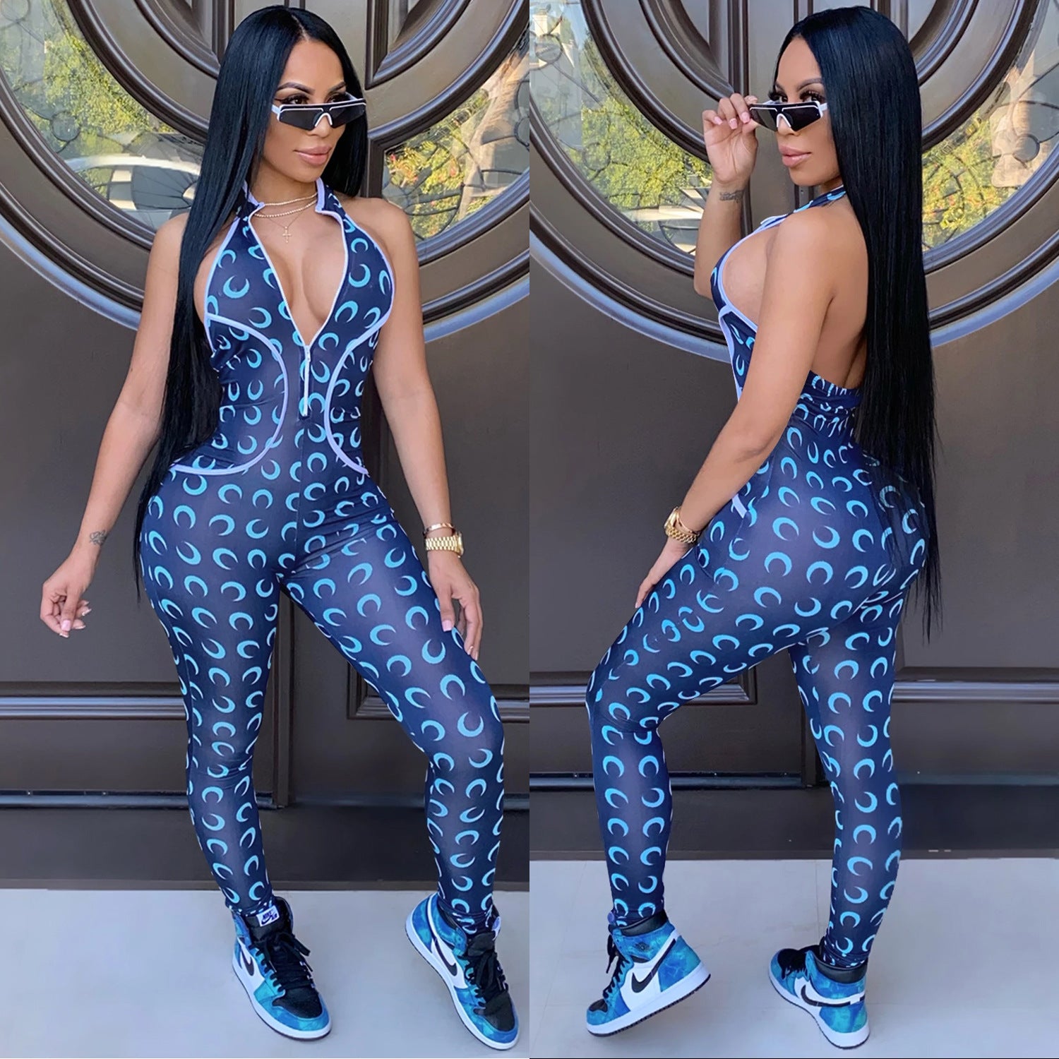 Women Crescent Moon Print Halter Neck Jumpsuit 3