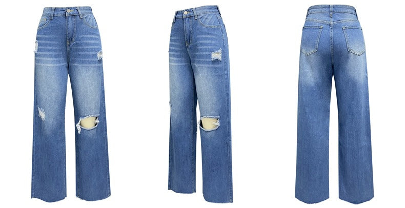 Women Ripped Denim Washed Wide Leg Straight Pants 6