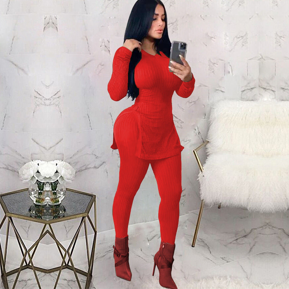 Women slit Ribbed sexy Top and Pant two-piece set 6