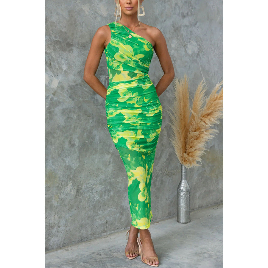 Women Casual Holidays Printed Stretch Slash Shoulder Printed Dress 4