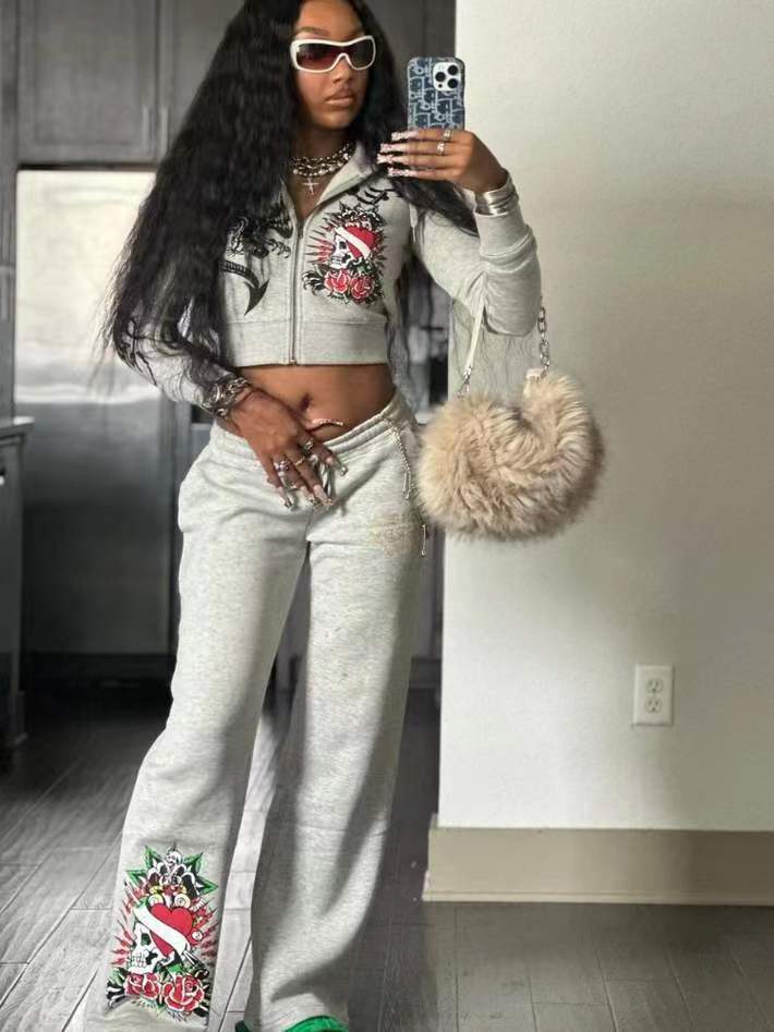 Autumn And Winter Women's Fashion Casual Printed Zipper Hooded Two Piece Tracksuit