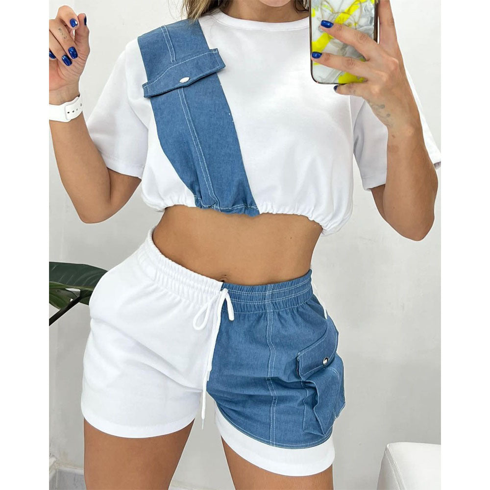 Women Summer Patchwork Denim Short Sleeve Top Short Two-Piece Set 4