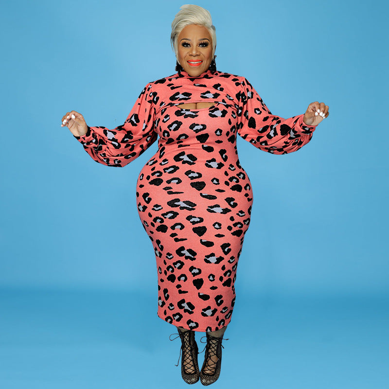 Sexy Plus Size Women's Spring Leopard Print Puff Sleeve Dress