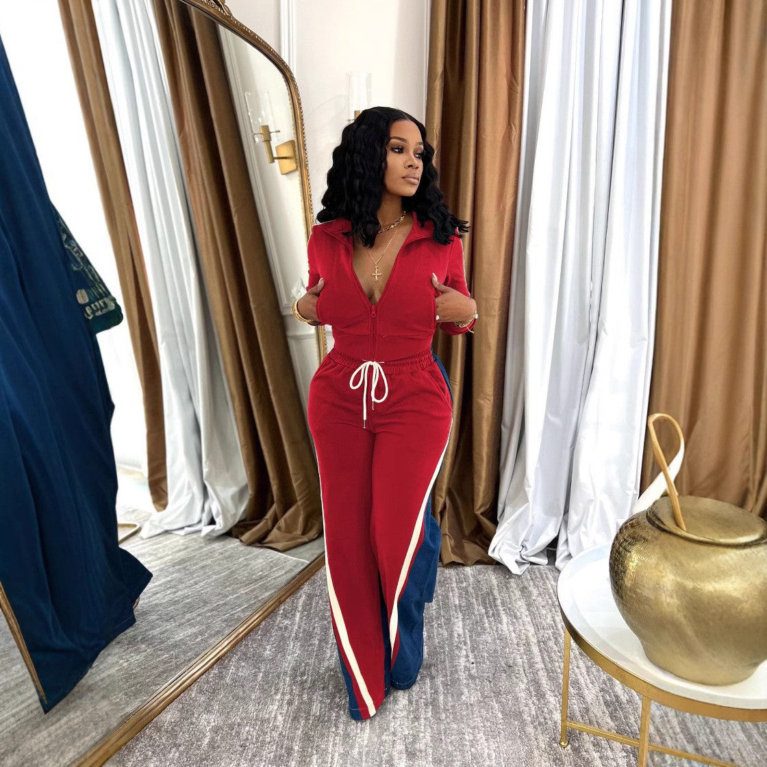 Women Top and Denim Patchwork Pants Two-Piece Set 5