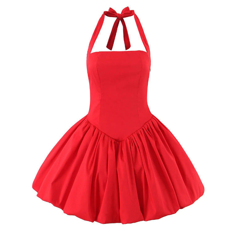 Summer Women Fashion Solid Color Slim Waist Halter Neck A-line Dress 4