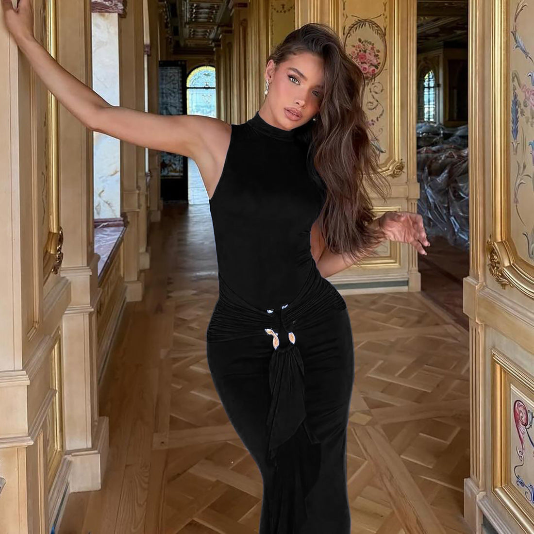 Fashion Women's Solid Color Semi-Turtleneck Metal Button Sleeveless Slim Sexy Dress 6