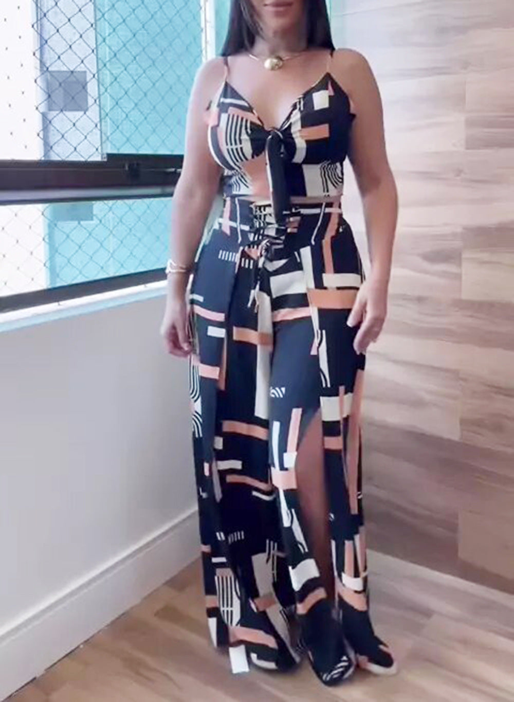 Women Printed Suspender Top and Wide Leg Pants Two-piece Set 4