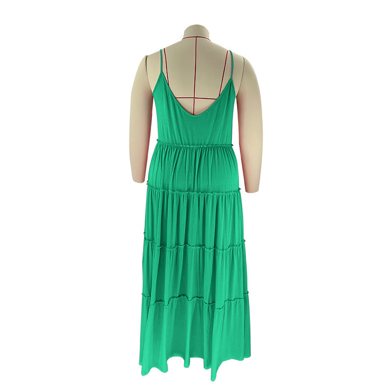 Summer Plus Size Women's Solid Color Sexy Camisole Pleated Patchwork Fashion Casual Dress 37