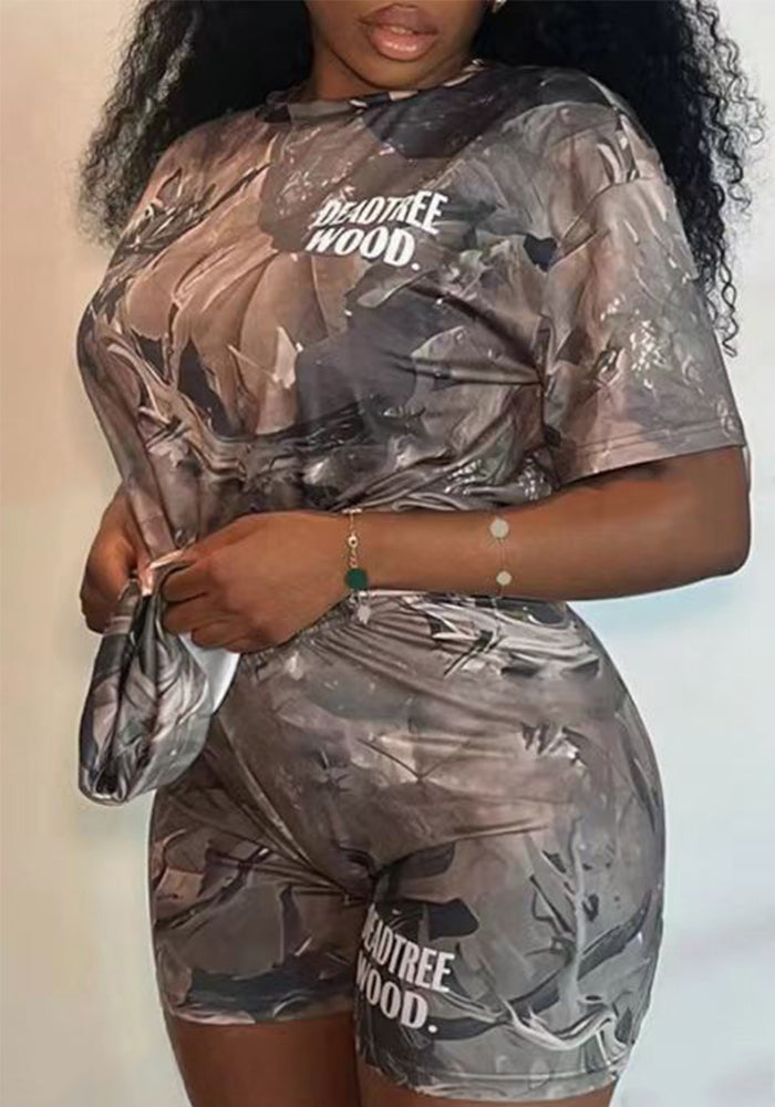 Women printed short sleeve Top and Shorts two-piece set