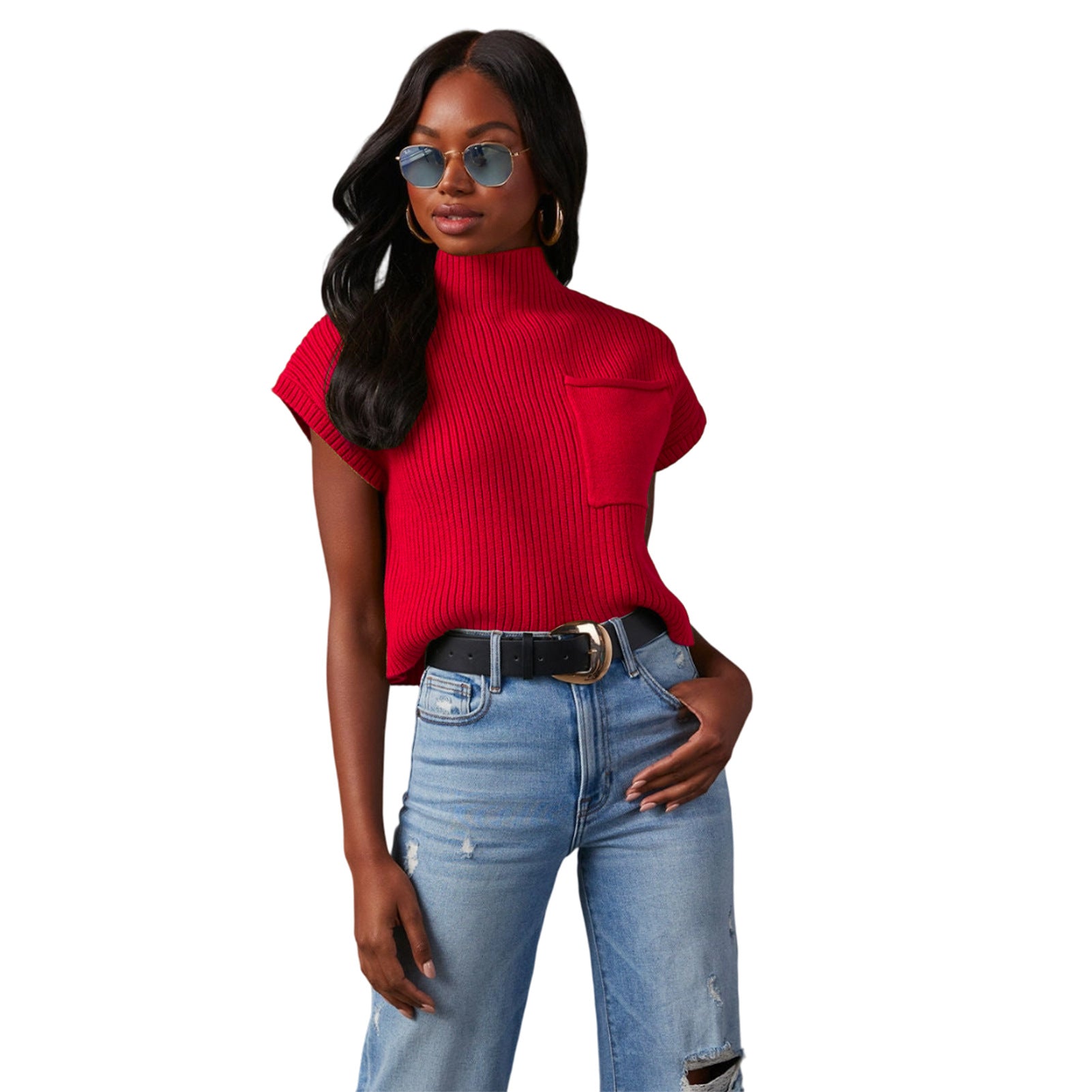 Women's Solid Color Knit Ribbed High-Neck Short Sleeve Top Sweater 13