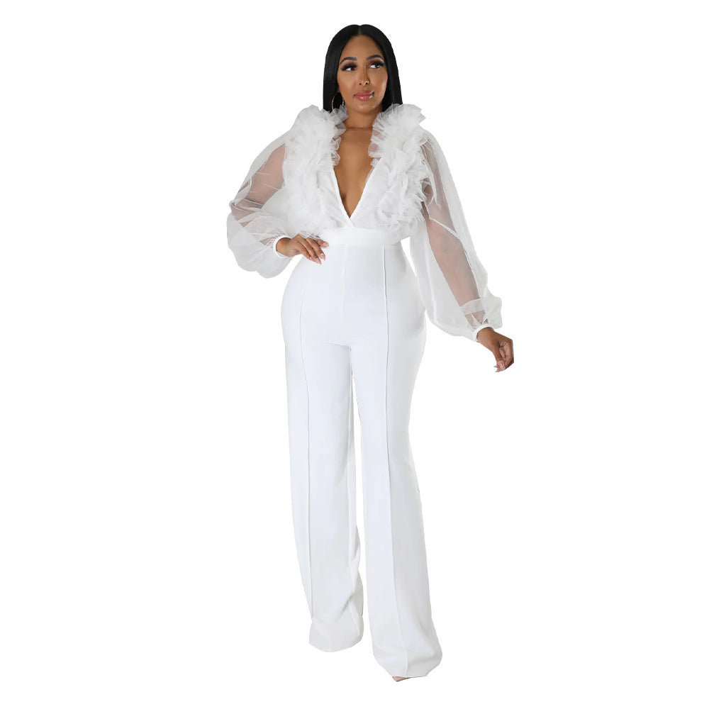 Women Mesh Balloon Sleeve V-Neck Backless Jumpsuit 8