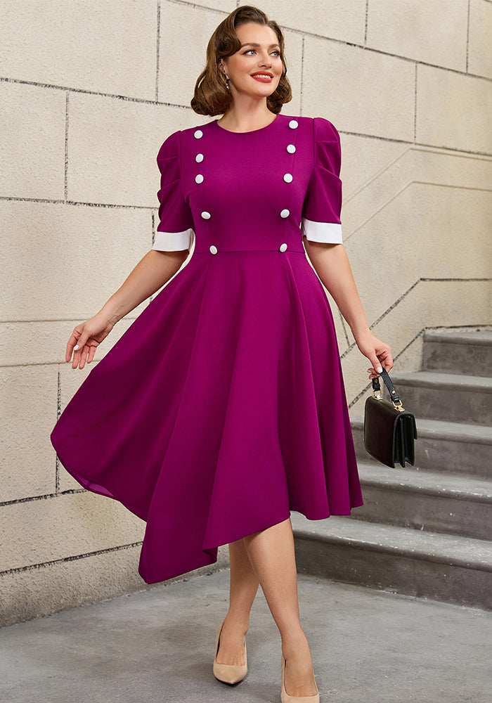 Plus Size Contrast Color Round-Neck Short-Sleeve Elegant Party Cocktail A-Line Dress