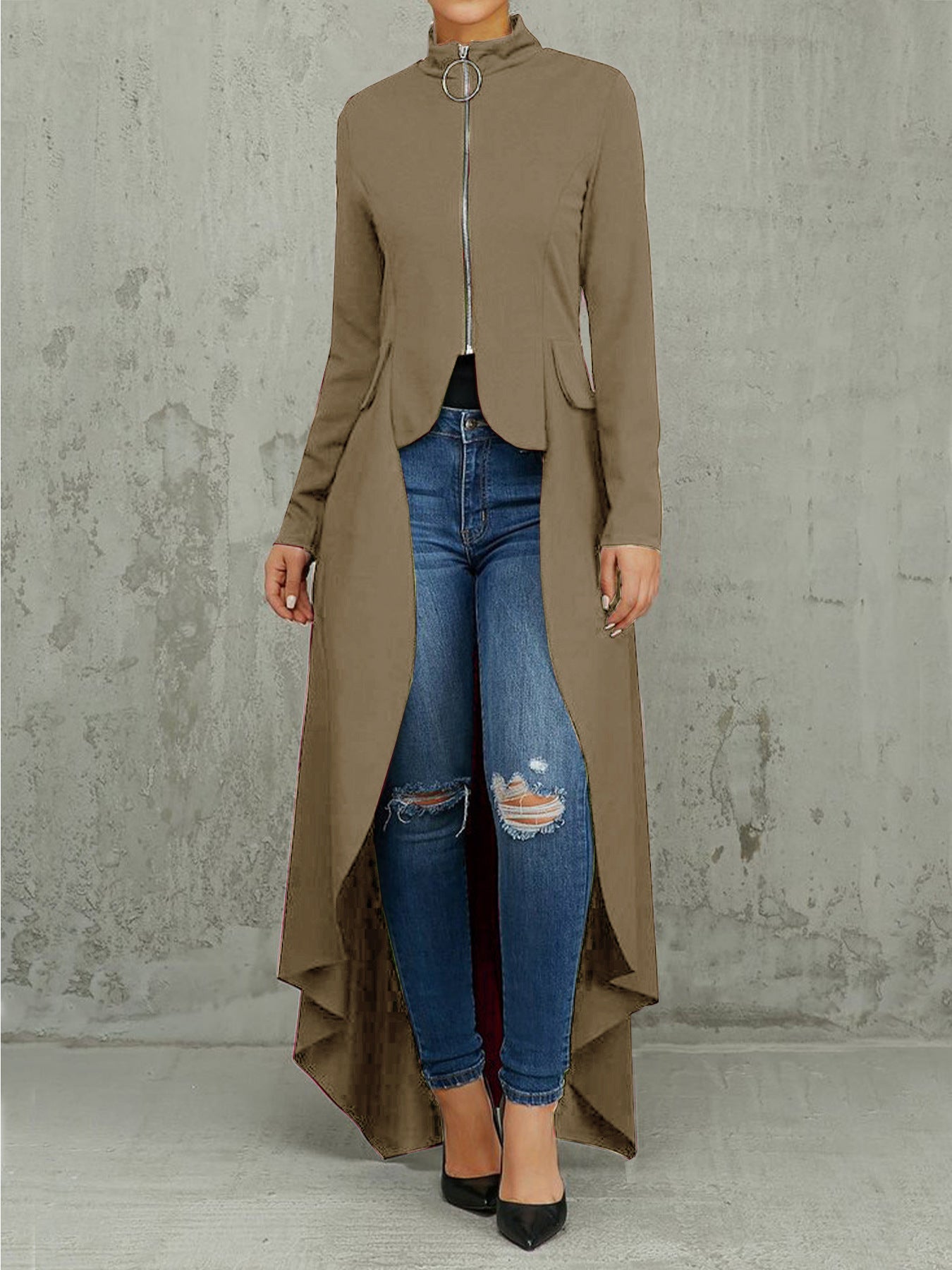 Women Long Sleeve Turtleneck Zipper Fake Pocket Irregular Dress 7