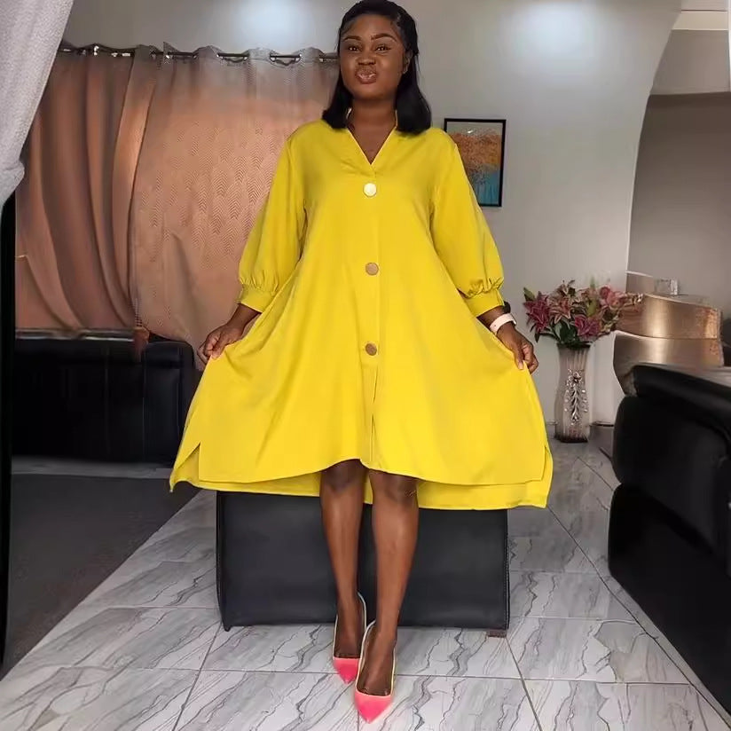 Women Solid Irregular Lantern Sleeve Dress 7