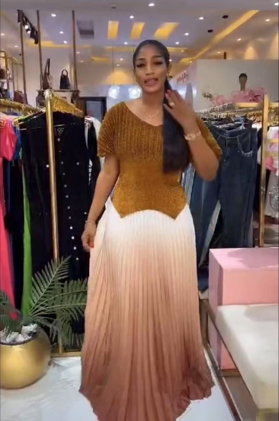 Pleated solid color v-neck top gradient pleated long skirt two-piece set for women 14