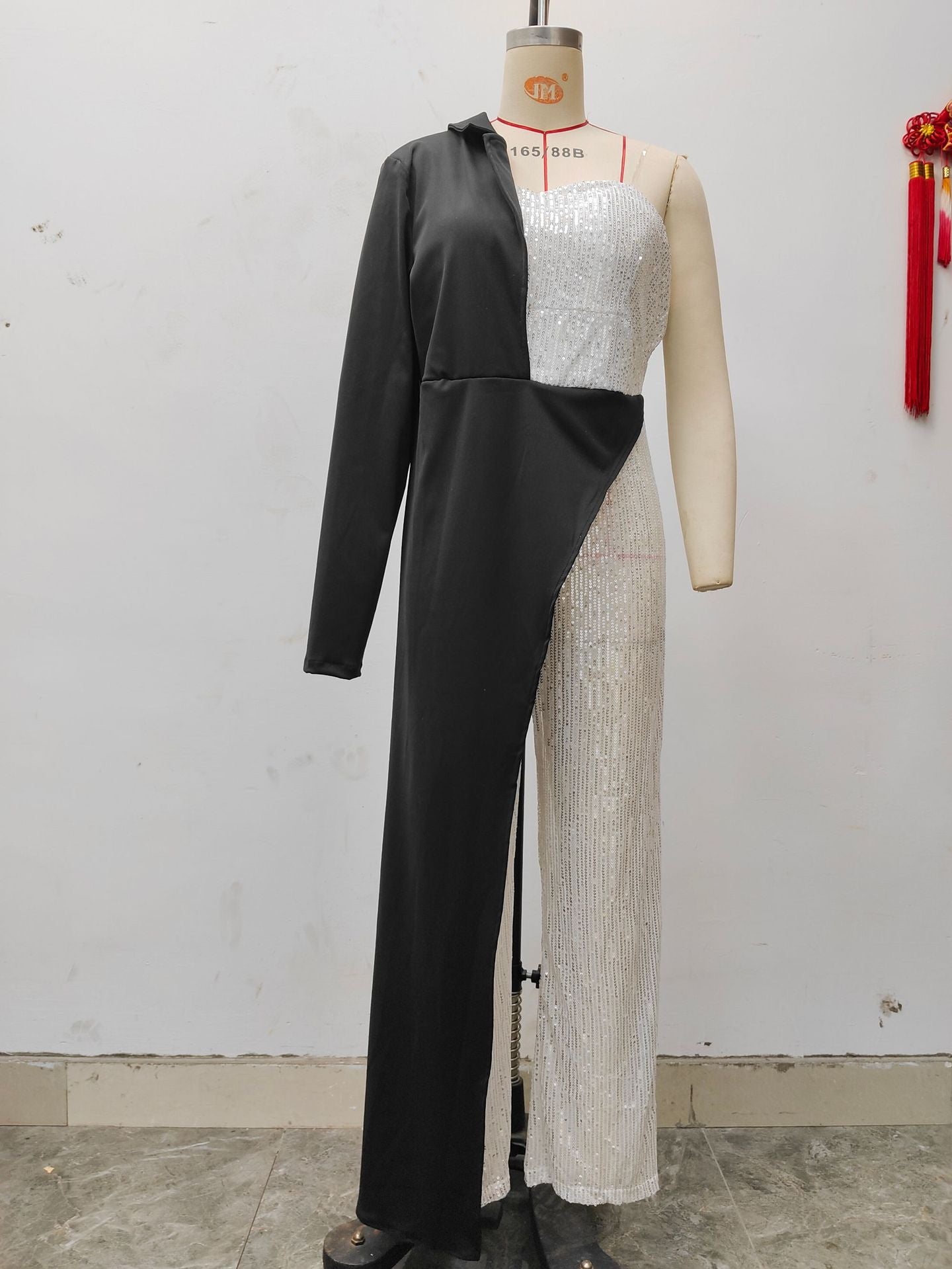 Women Silver Patchwork Sequined One Shoulder Jumpsuit 7