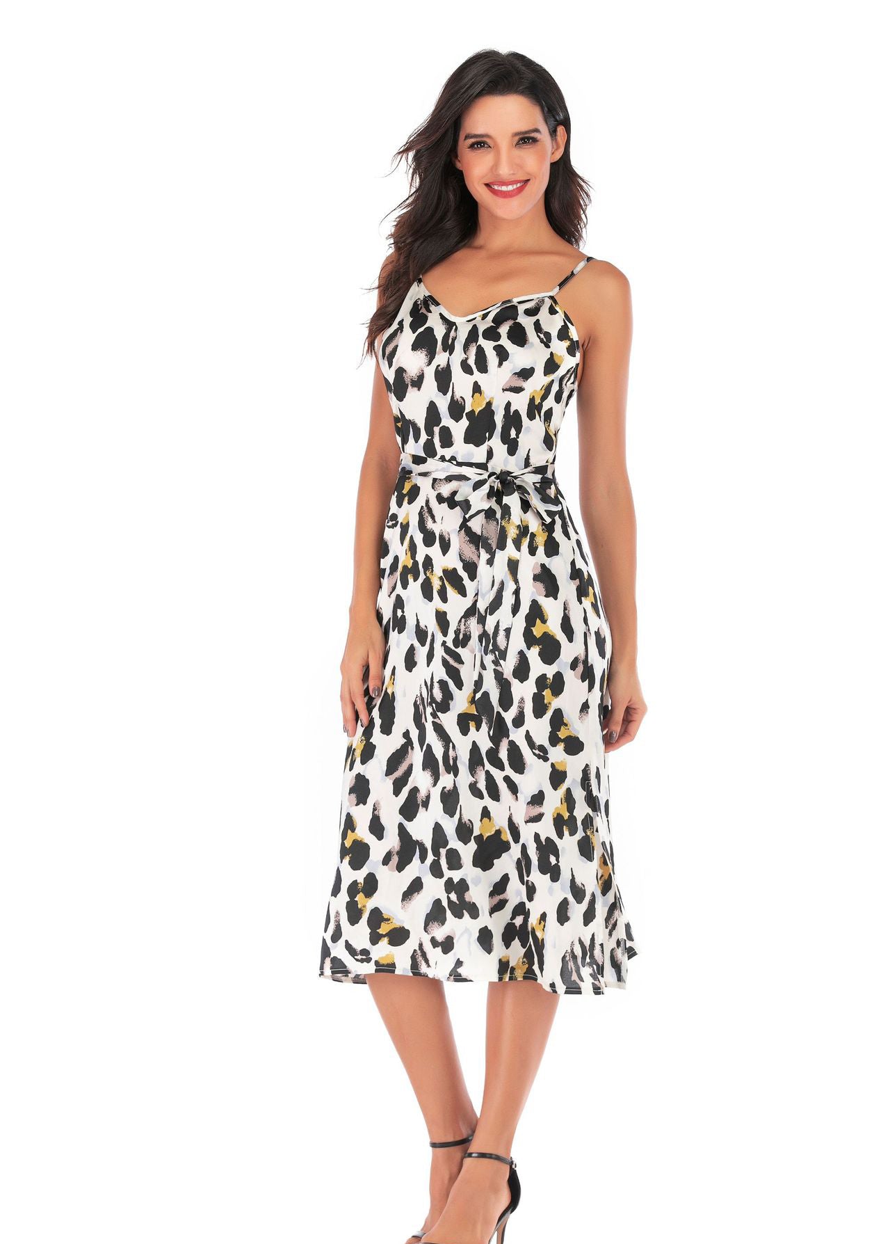 Women See-Through Chiffon Print Sexy Slit Lace-Up Dress 4