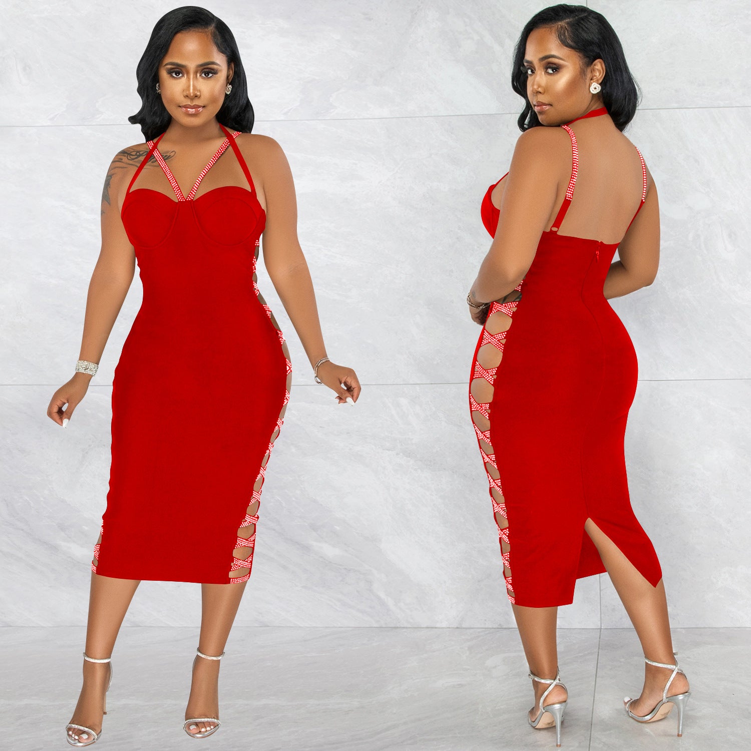 Solid color sexy suspenders hollow zipper long skirt slit dress women 3