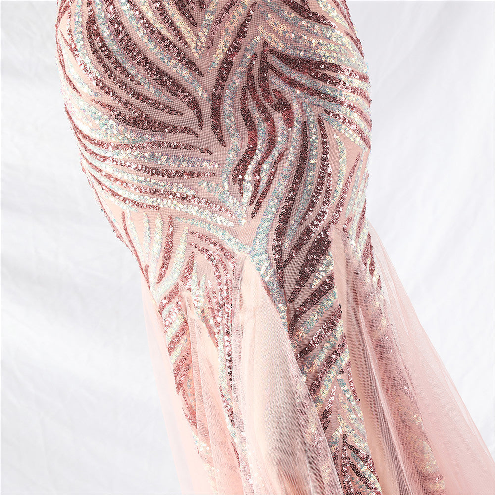 Sequin Mesh Patchwork Strapless Mermaid Evening Dress 30