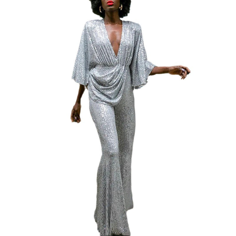 Women Sequin Sexy Deep V Backless Jumpsuit 6