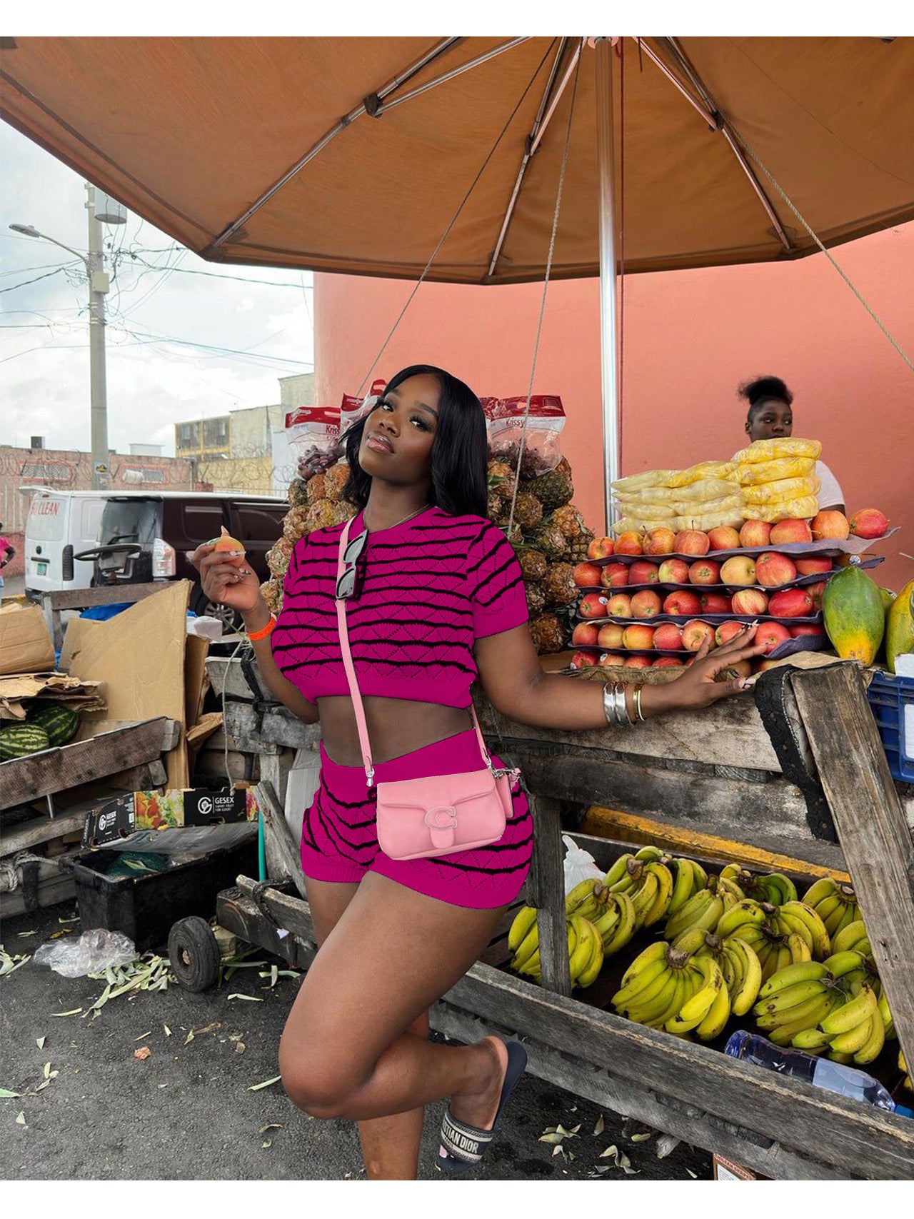 Women Casual Sweater Striped Top and Shorts Two-piece Set 5