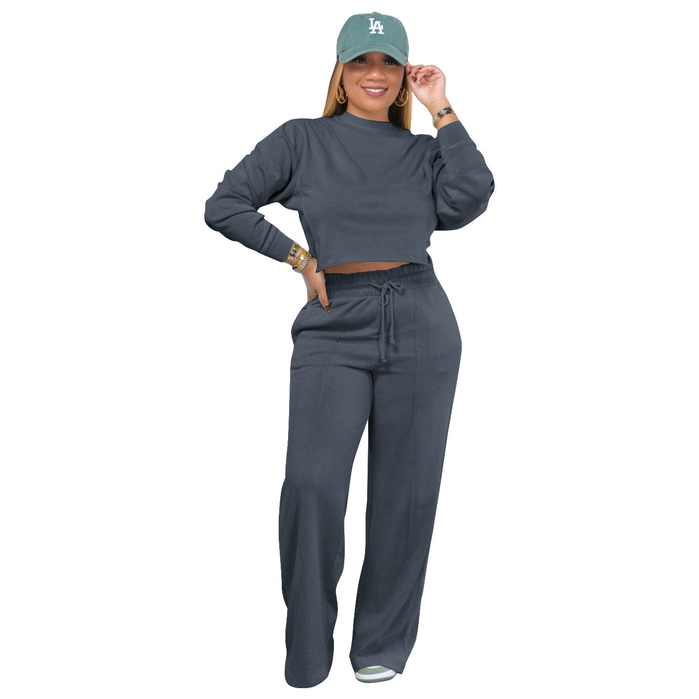 Women Solid Long Sleeve Top and Pant Casual Two-piece Set 15