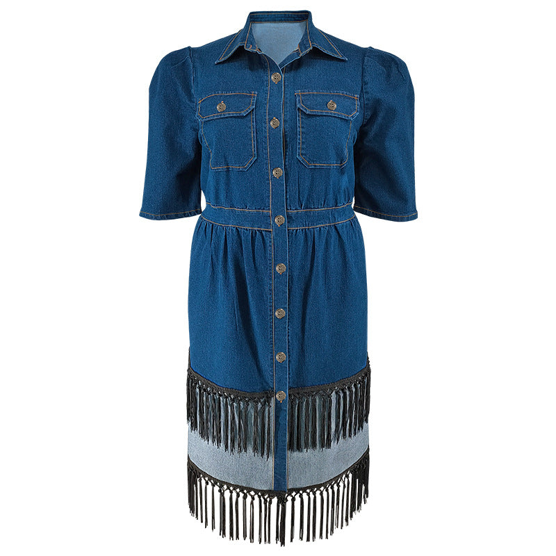 Plus Size Women Denim Turndown Collar Short Sleeve Tassel Dress 8
