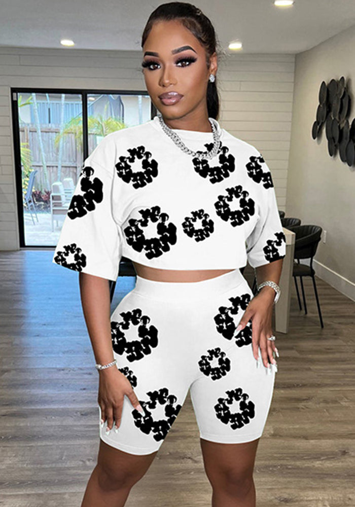 Women Summer Round Neck Short Sleeve Top and Shorts Printed Two-piece Set