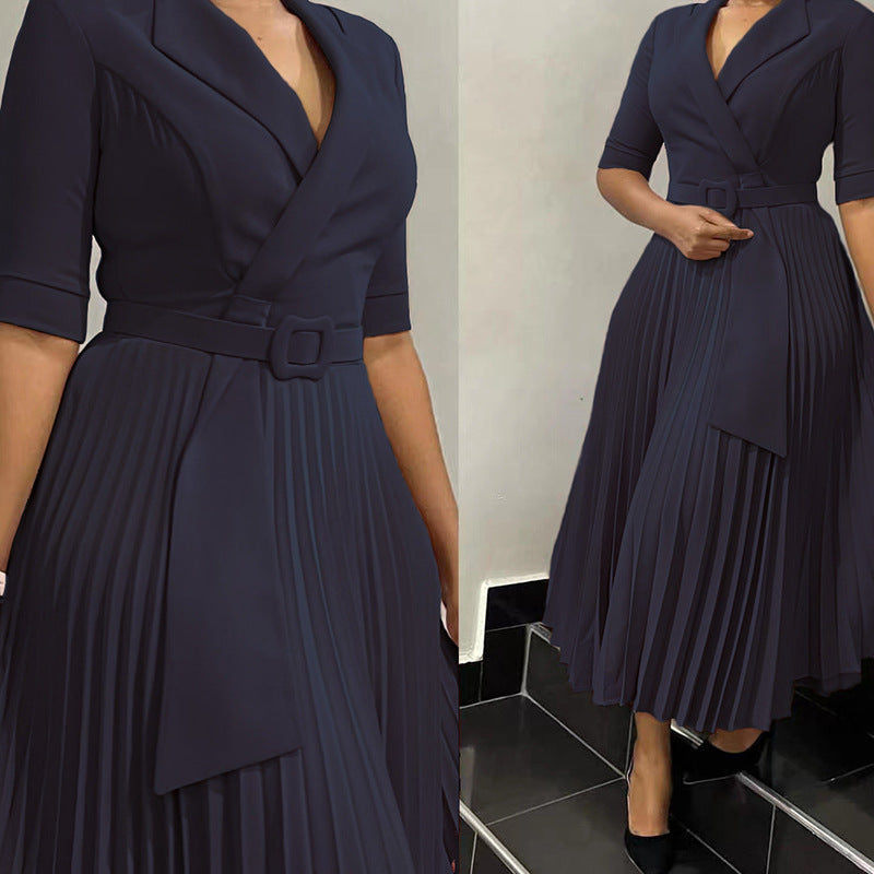 Women Turndown Collar Pleated Solid Dress 6