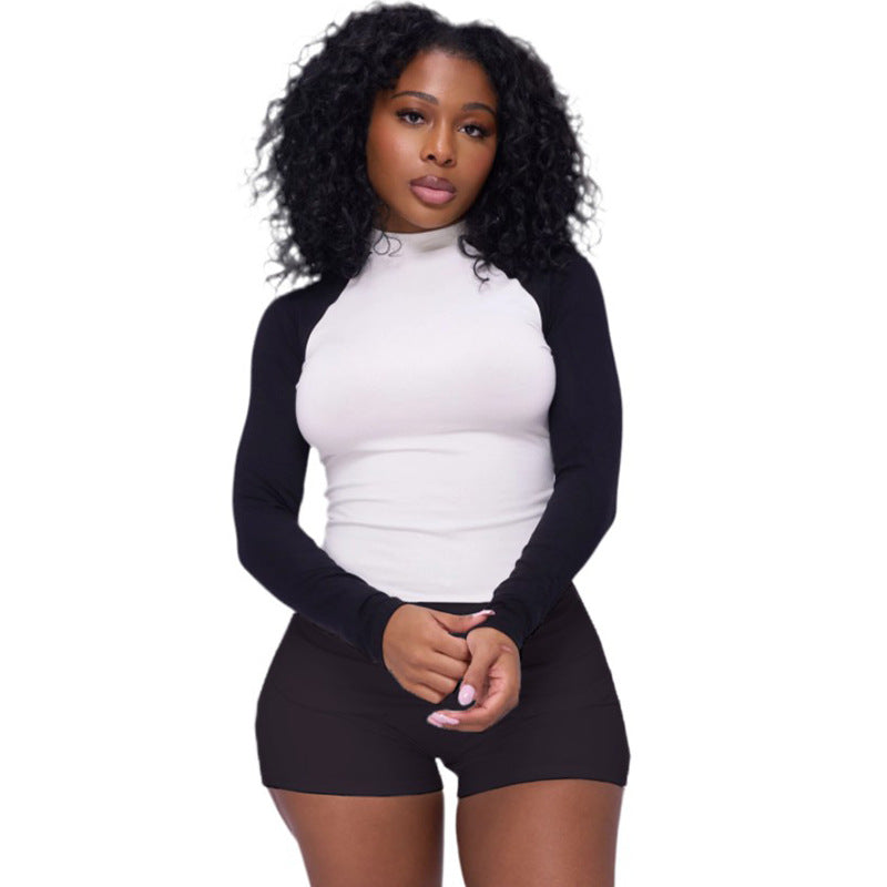 Women’s Activewear Contrast Color Sportswear Long-Sleeve Top Shorts Two Piece Set 4