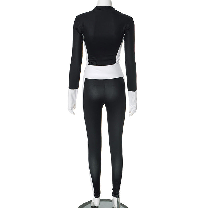 Women Sporty Casual Long-Sleeved Contrast Color Top and Pant Two-Piece Set 7