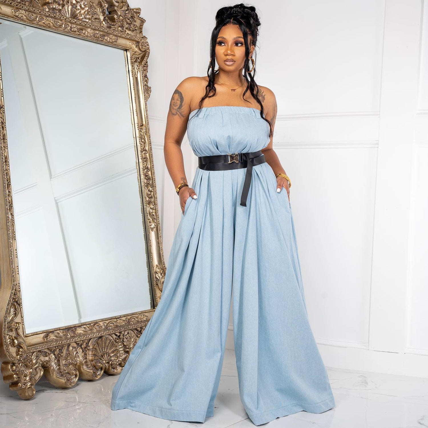 Fashion Long Strapless Wide Leg Pants Summer Jumpsuit With Belt 8