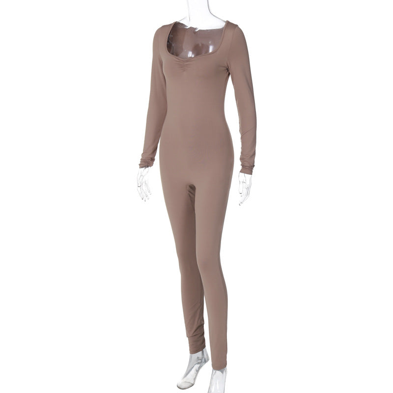 Women Winter Solid Square Neck Pleated Long Sleeve Jumpsuit 13