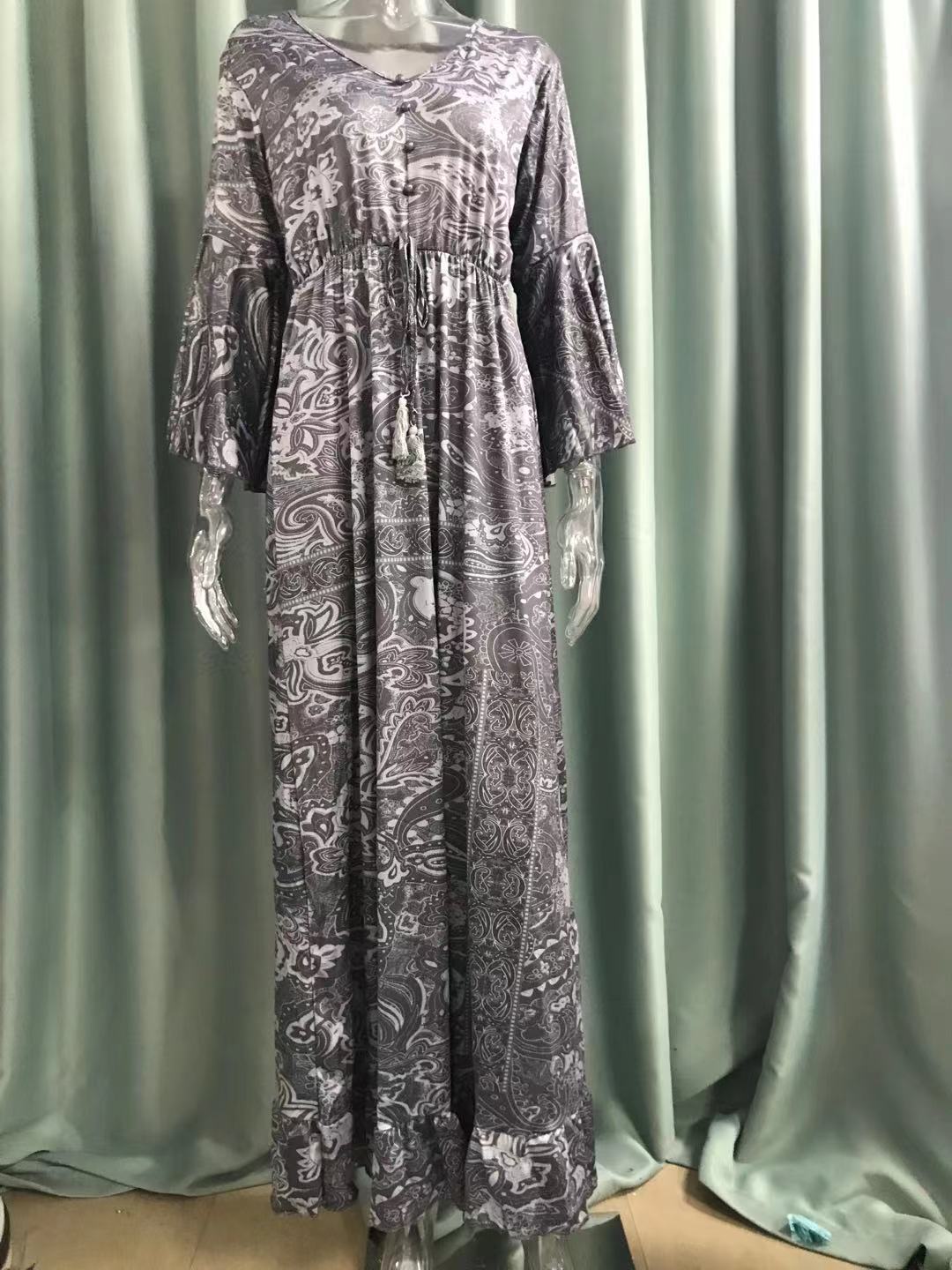 Women Boho Bell Bottom Sleeve Printed V Neck Holidays Maxi Dress 22