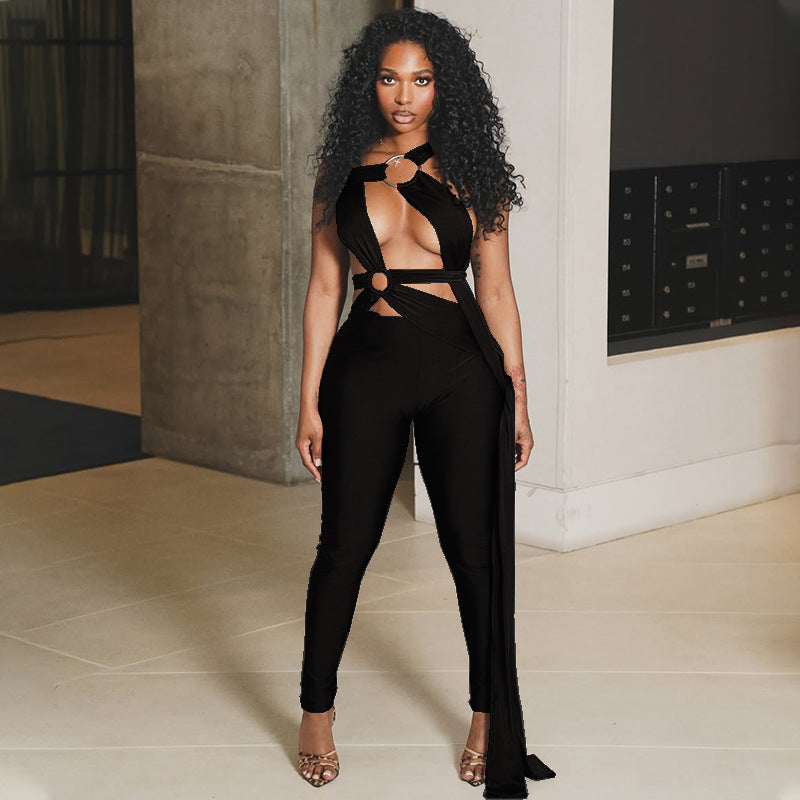 Sexy Street Style Lace-Up Cut-Out Metal Ring Jumpsuit Solid Tight Slim Romper 3