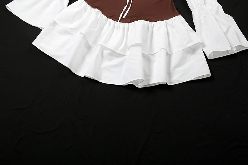 Autumn Women's Sexy Color Block Off Shoulder Puff Sleeve Slim Waist Casual Dress 18