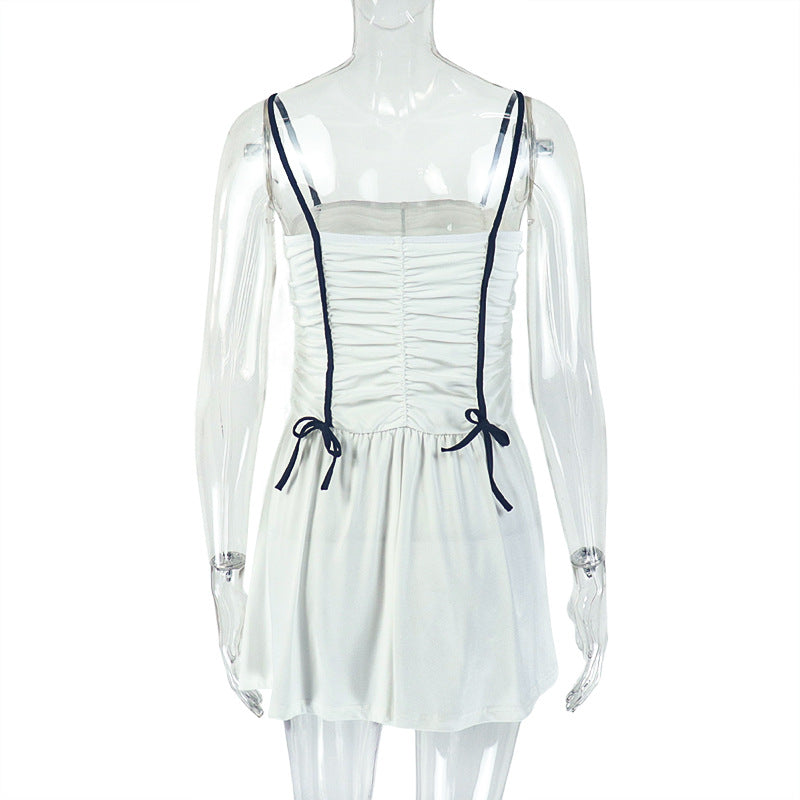 Women Style pleated Patchwork suspender Off Shoulder Backless dress 5