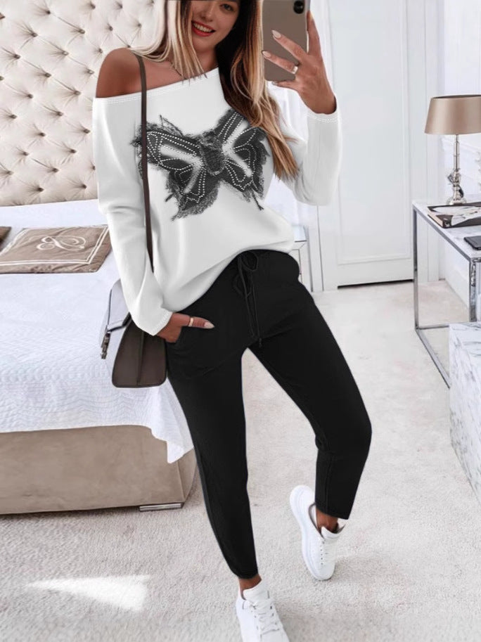 Spring Summer Fashion Contrast Slash Shoulder Casual Butterfly Decoration Long Sleeve Top Pants Two-Piece Set 5