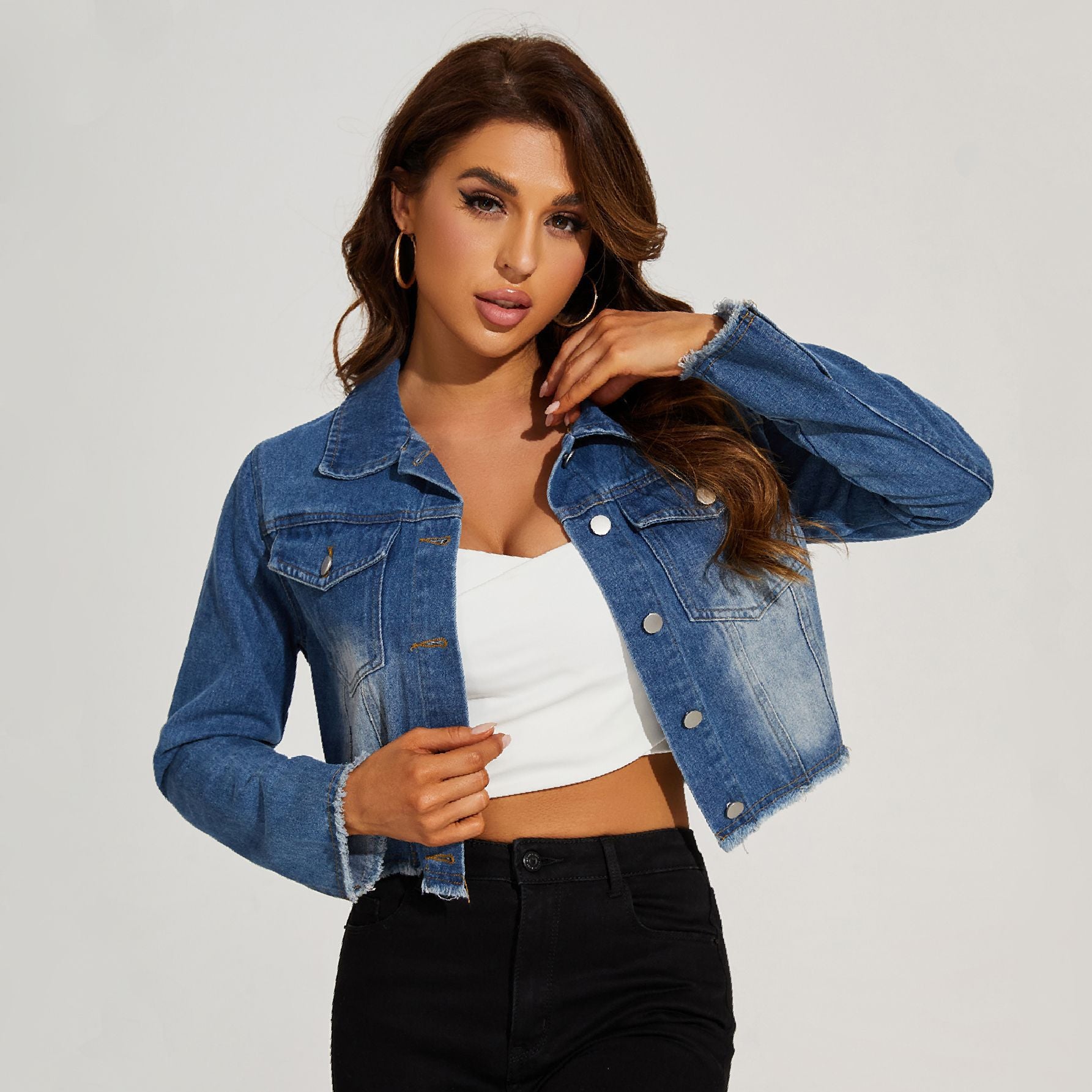 Women's Distressed Short Denim Jacket 9