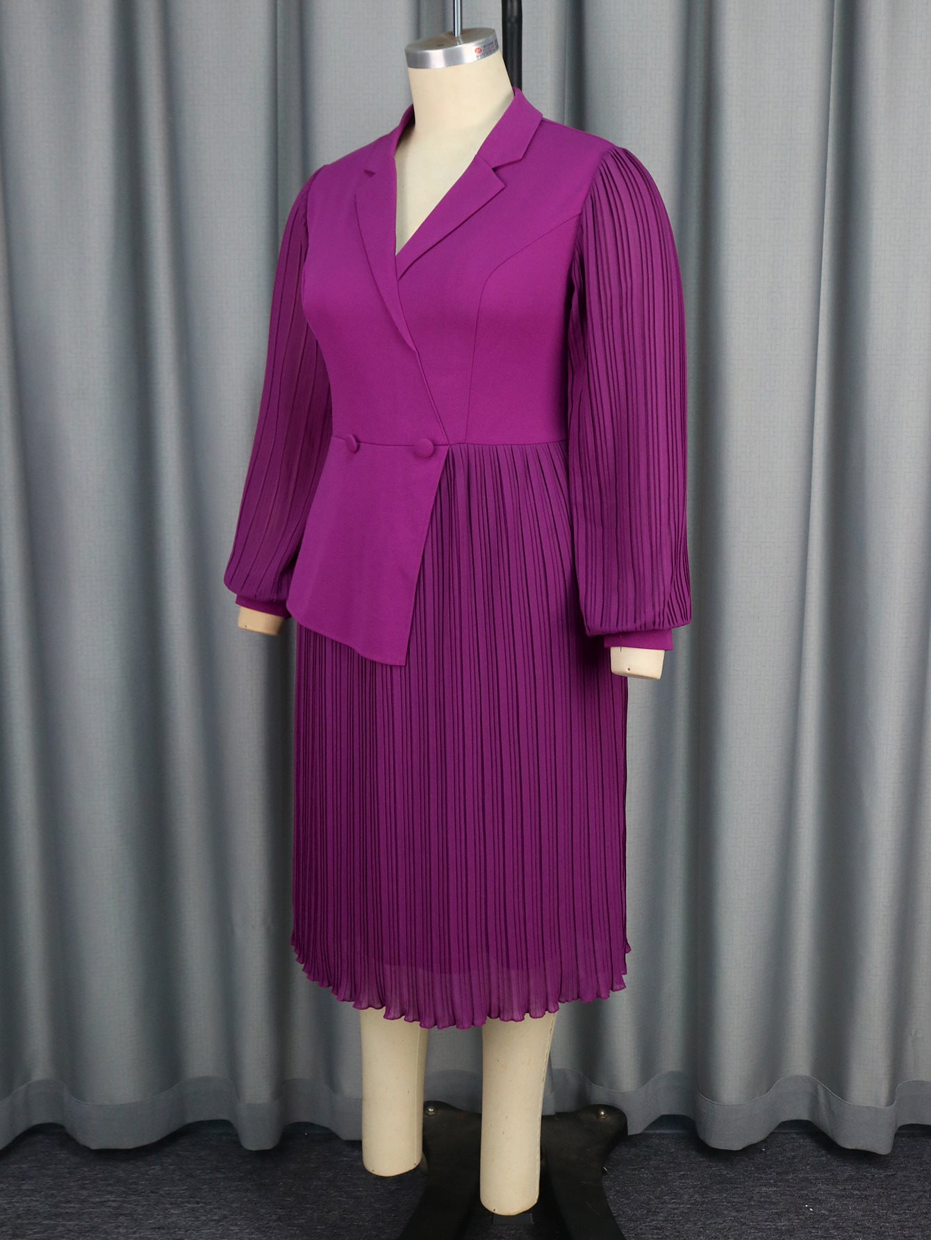 Women Turndown Collar Lantern Long Sleeve Asymmetric Pleated Dress 9