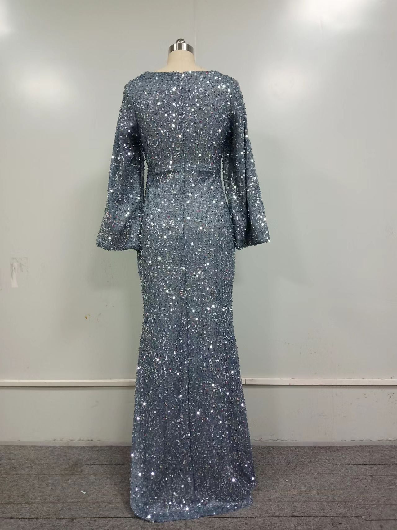 Spring Summer Fashion V Neck Bodycon Sequin Dress Mid Waist Bell Bottom Sleeve Long Evening Gown 15