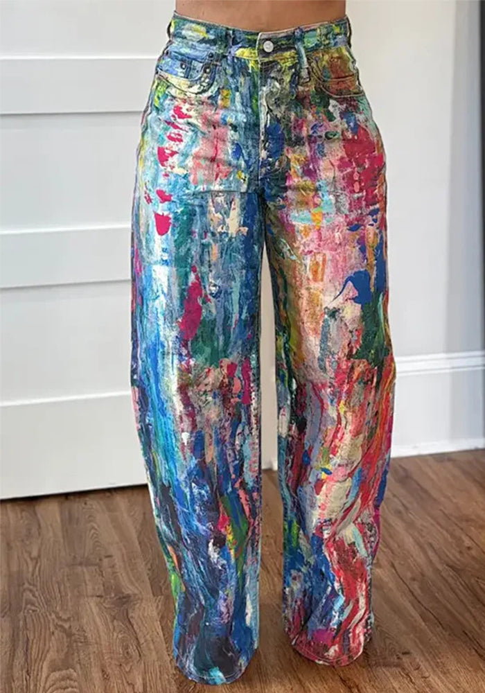 Women's Fashion Casual Straight-Leg Painted Stretch Denim Pants