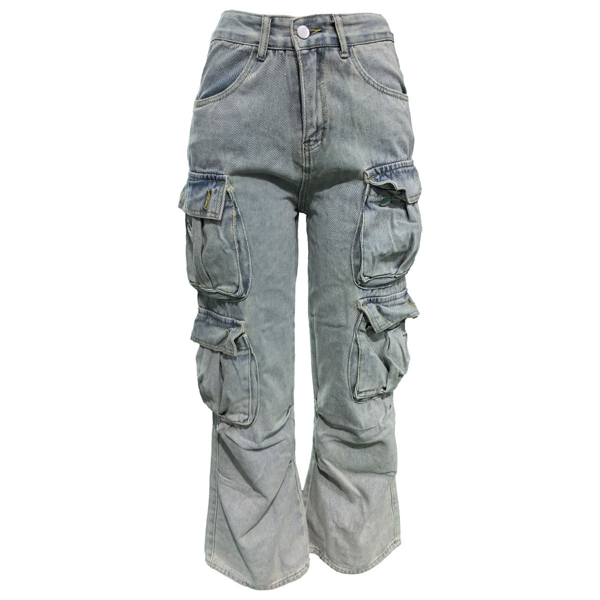Women Washed Cargo Pocket Denim Straight Leg Pants 6